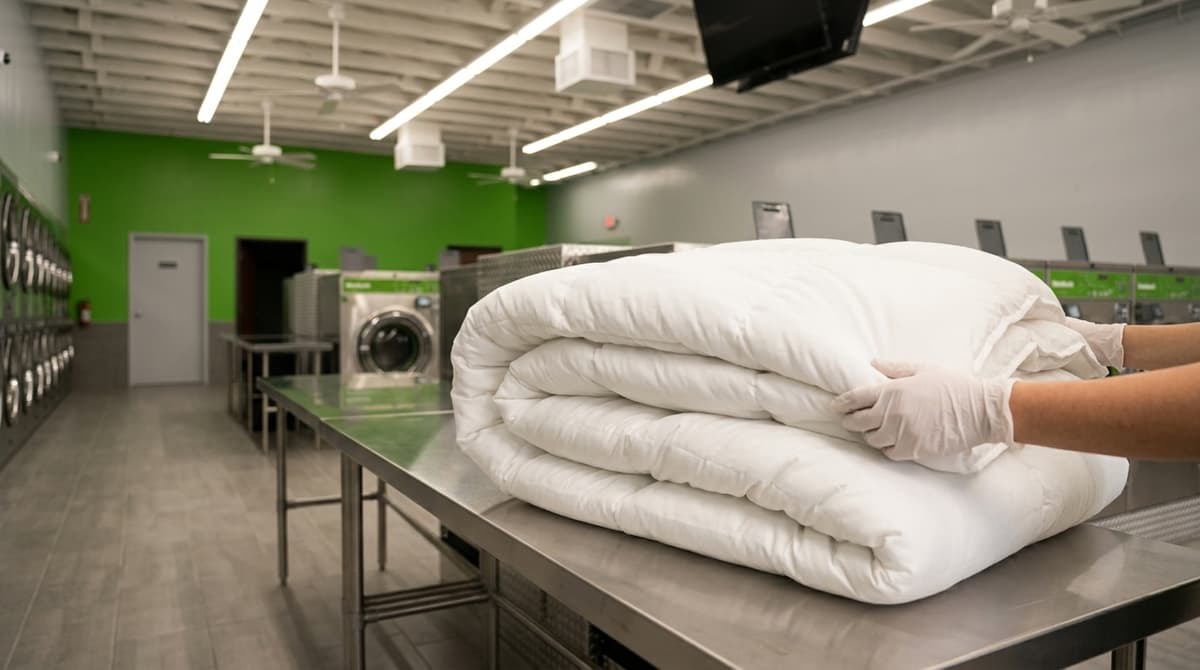 Freshly cleaned king-size comforter folded on stainless steel table at Coin Laundry Co