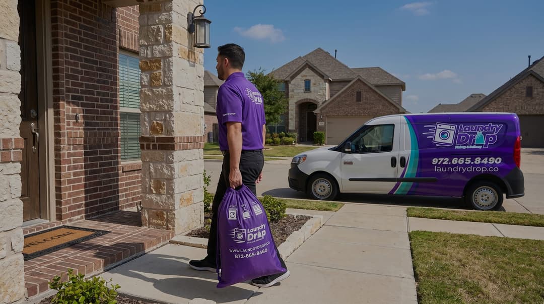 LaundryDrop driver delivering folded laundry to a McKinney home โ pickup & delivery fulfilled by Coin Laundry Co